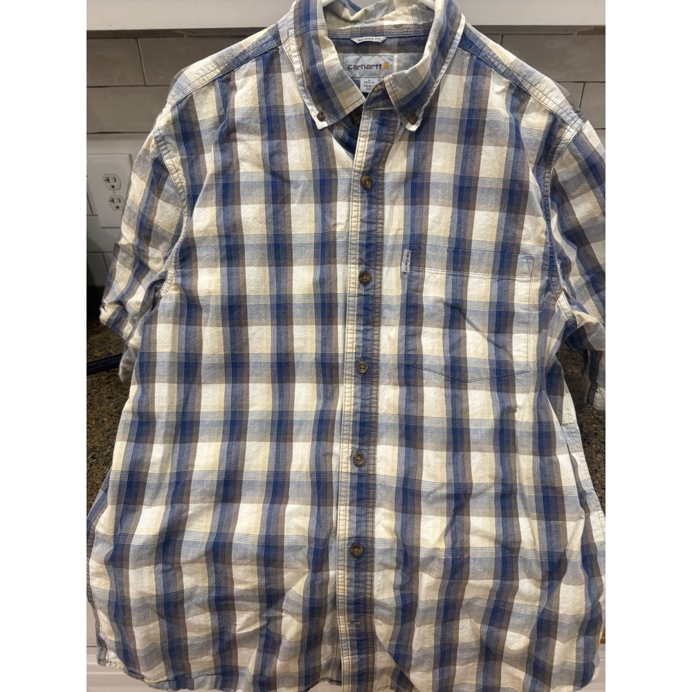 Carhartt Mens Relaxed Fit Plaid Short Sleeve Button Down Shirt Blue Tan Large